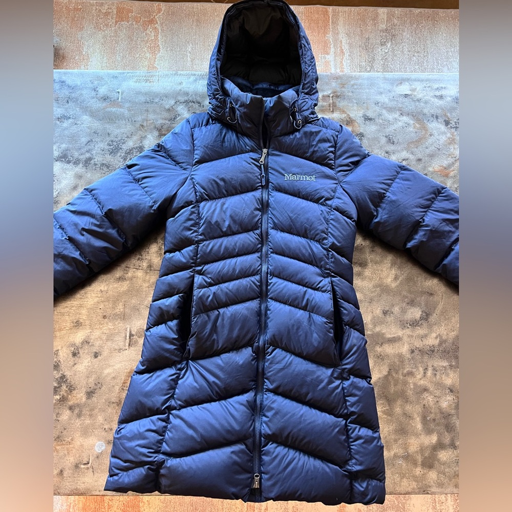 Marmot Navy Blue Long Down Puffer Coat with Hood